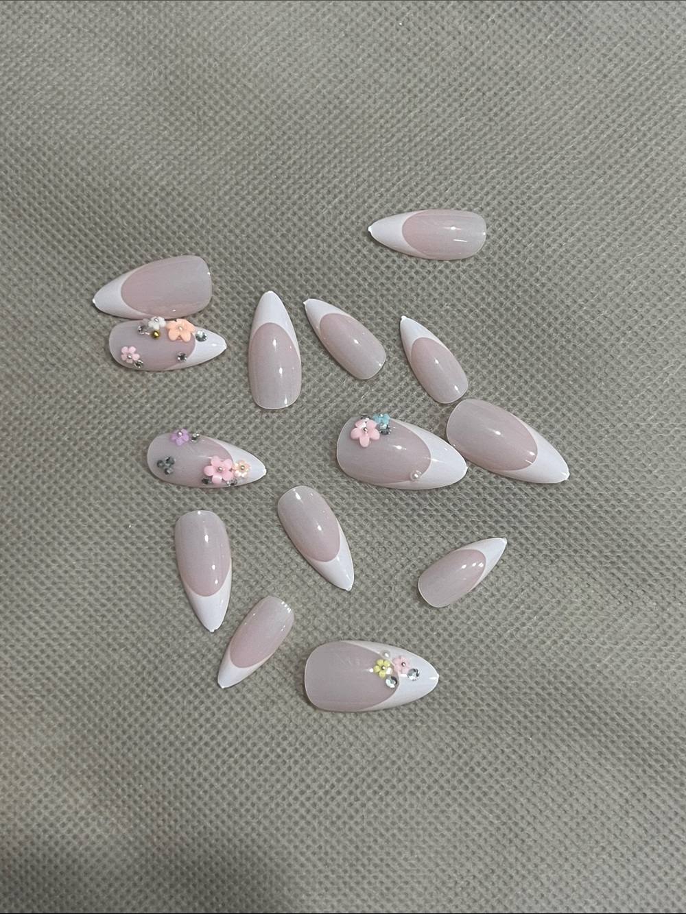 White French Almond Press on Nails with Pastel 3D Floral Accents